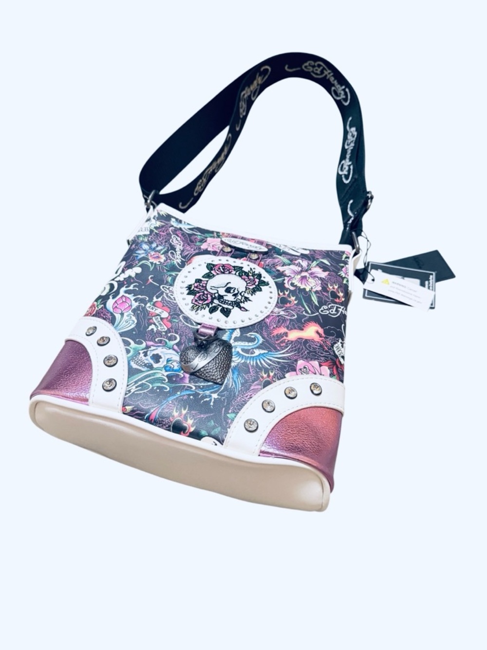 🌼💚NWT Ed Hardy Women's Slim Skull & Roses Crossbody Bag - Black & Pink - Picture 10 of 10